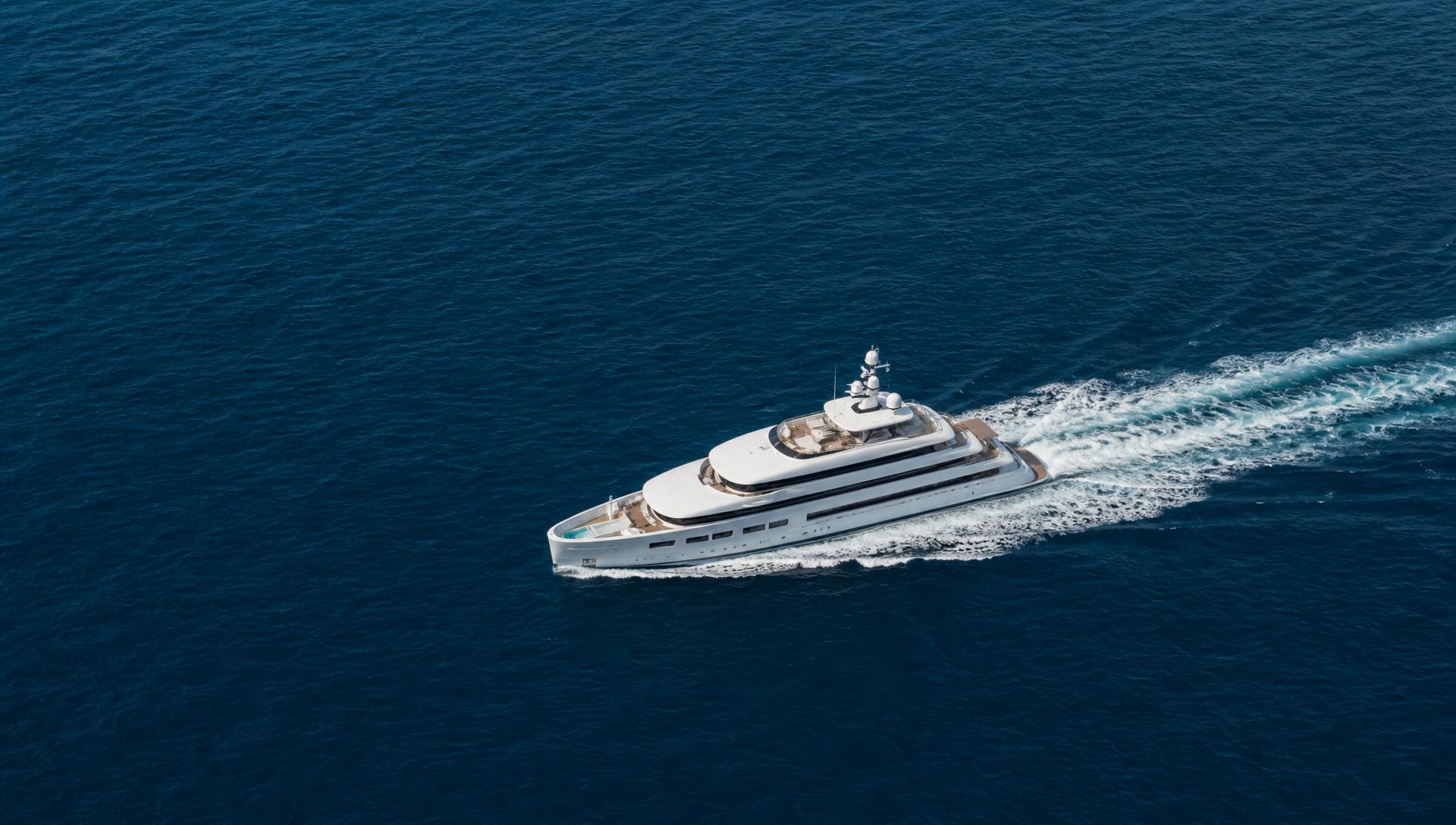 Modern crewed superyacht underway on open Mediterranean sea, seen from above