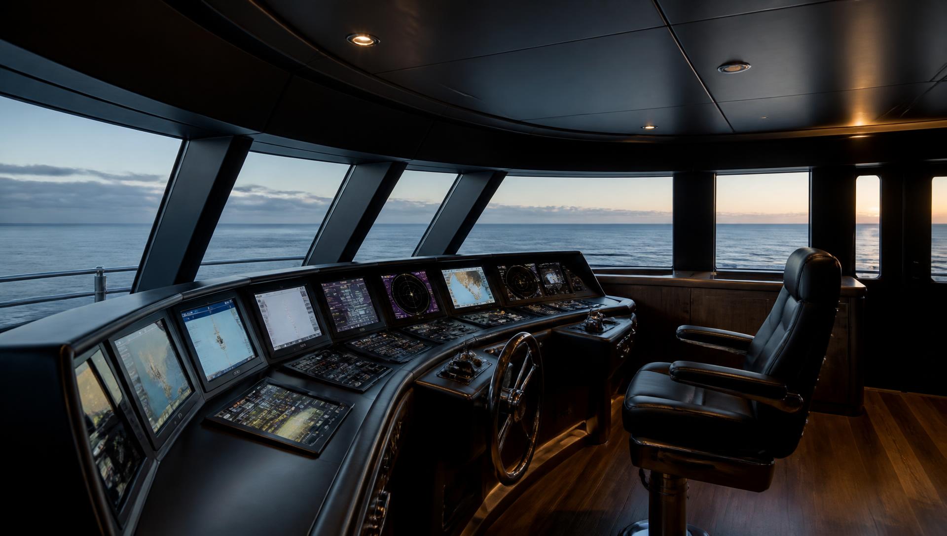 Superyacht bridge at first light with panoramic windows over open sea