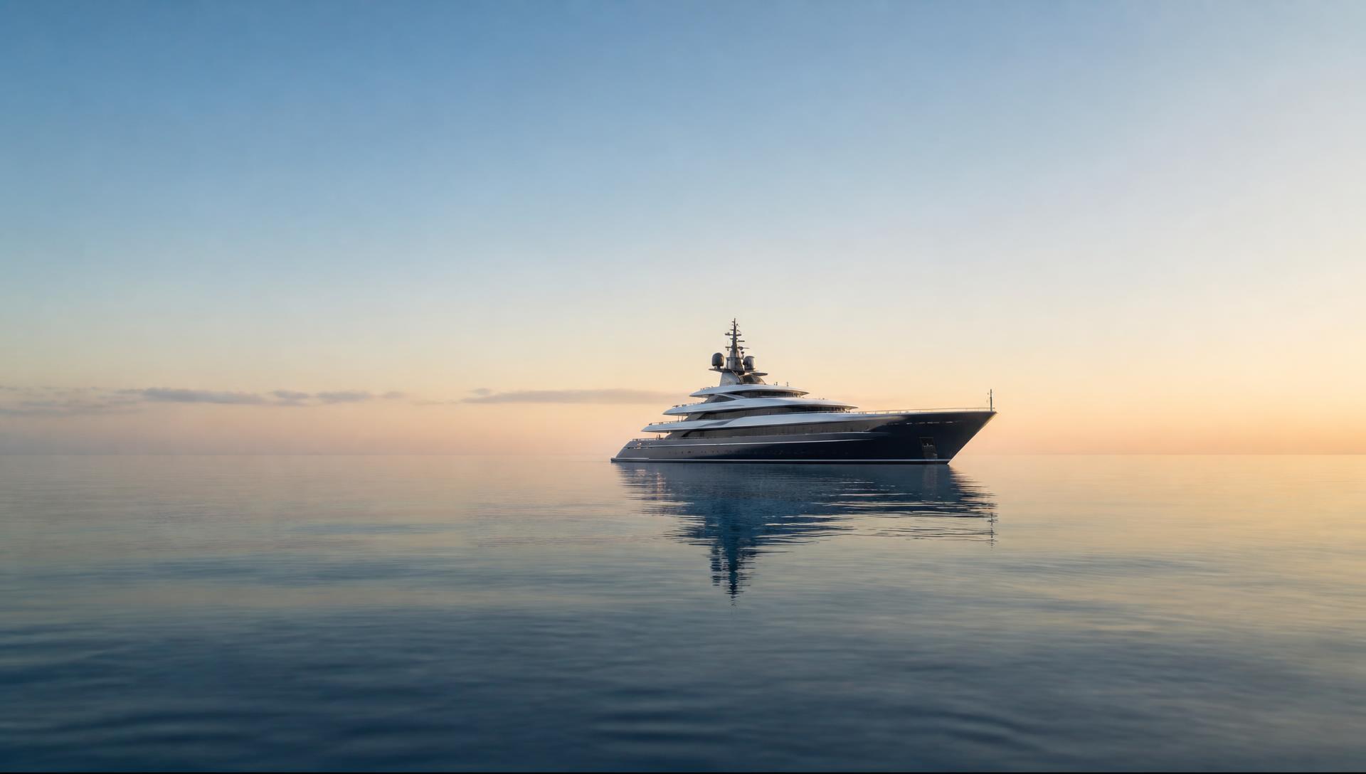 Superyacht alone on a calm open sea at Mediterranean dawn