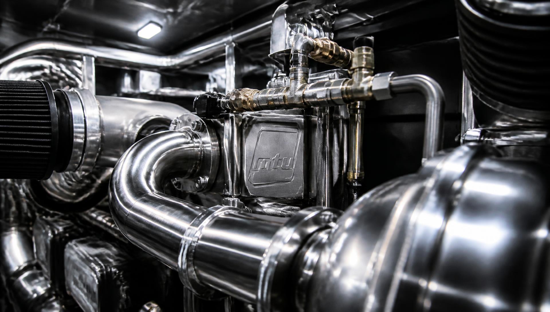 Polished stainless piping and machined detail inside a superyacht engine room