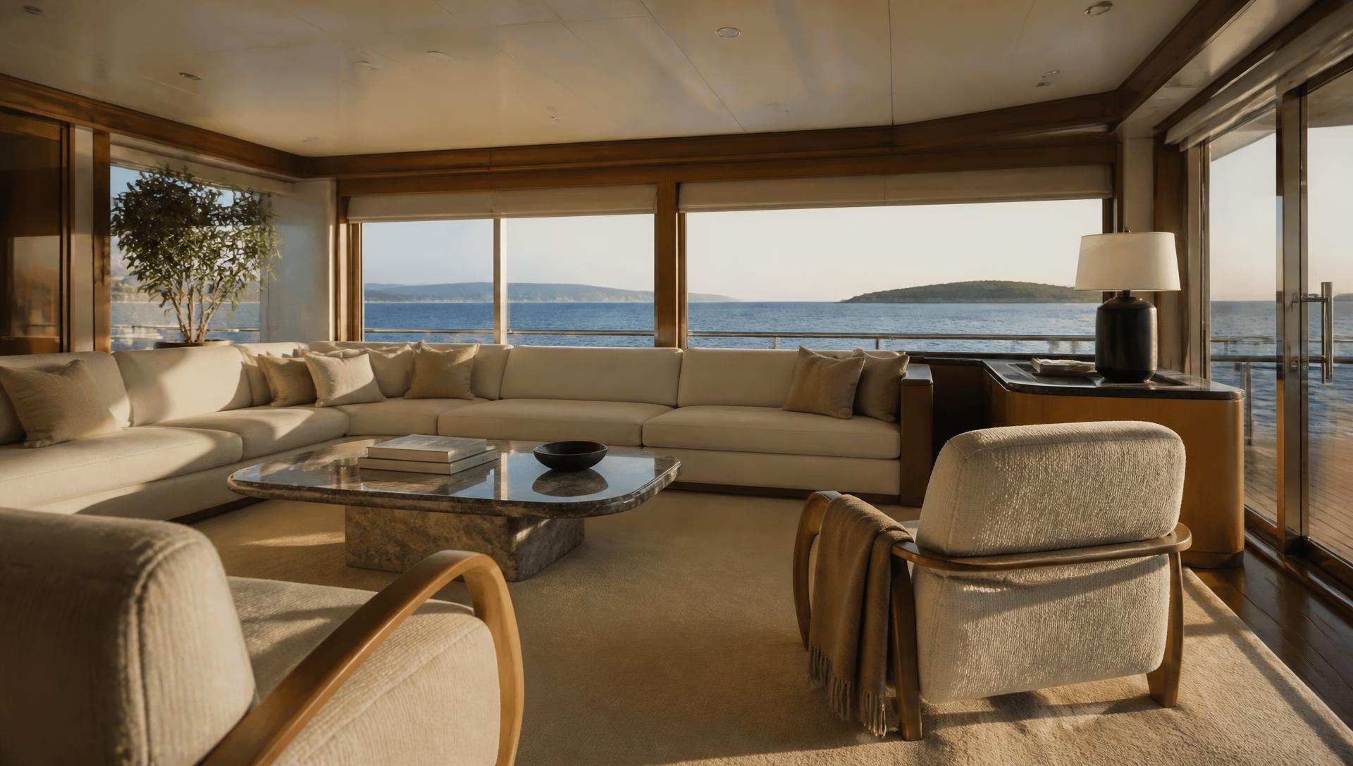 Sunlit main salon of a crewed superyacht with linen seating and open sea views