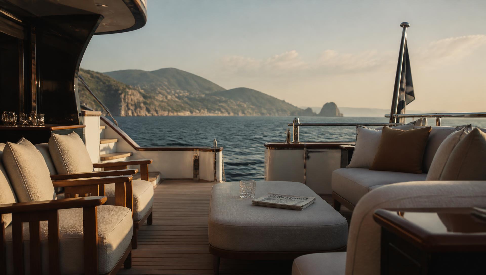Private aft deck of a superyacht at late afternoon with linen seating, teak decking and open Mediterranean sea beyond