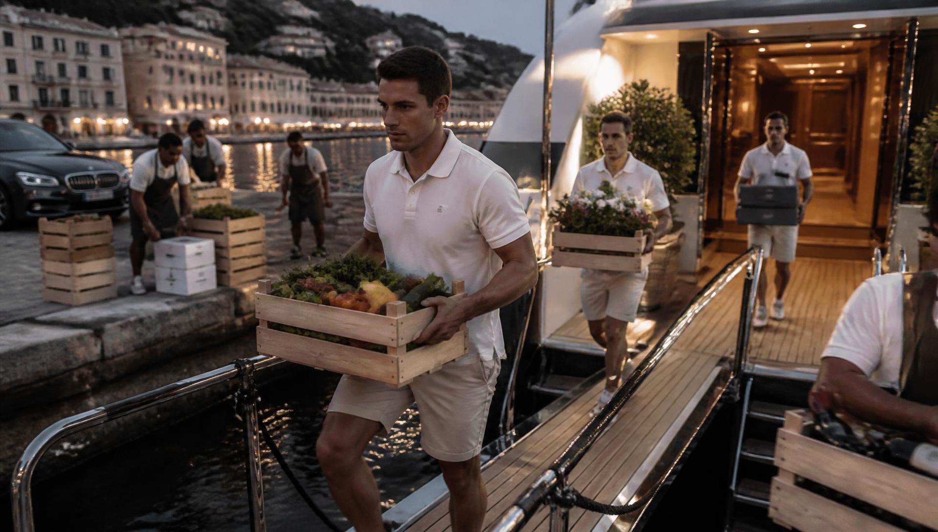 Crew in whites carrying crates of fresh produce and flowers up the passerelle of a superyacht at dusk