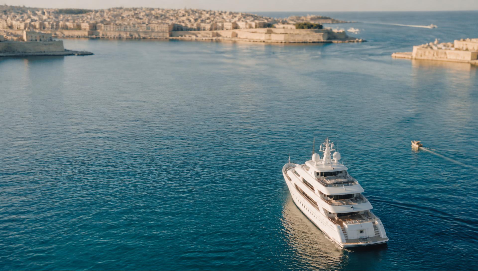 Aerial view of a superyacht approaching a Mediterranean harbour in late afternoon light