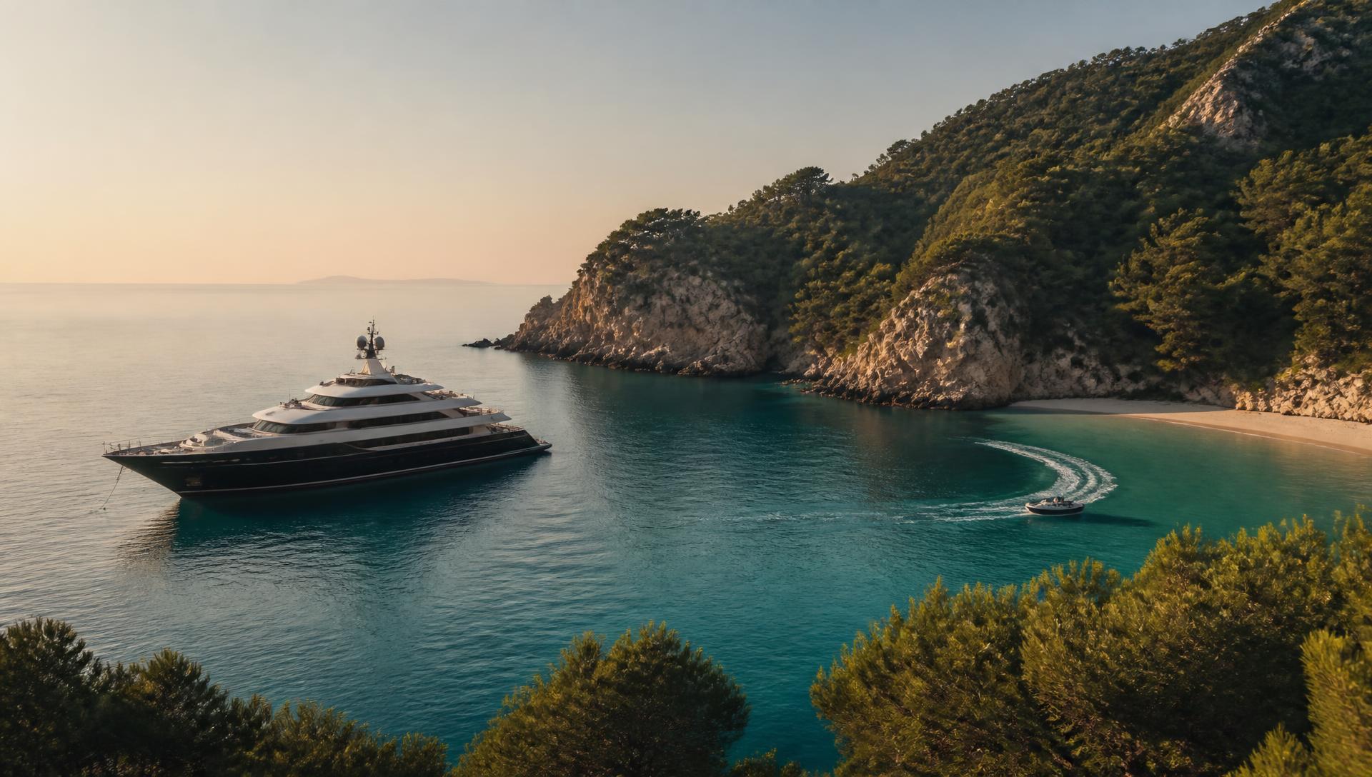 Superyacht anchored in a secluded Mediterranean cove at golden hour with a tender curving toward the beach